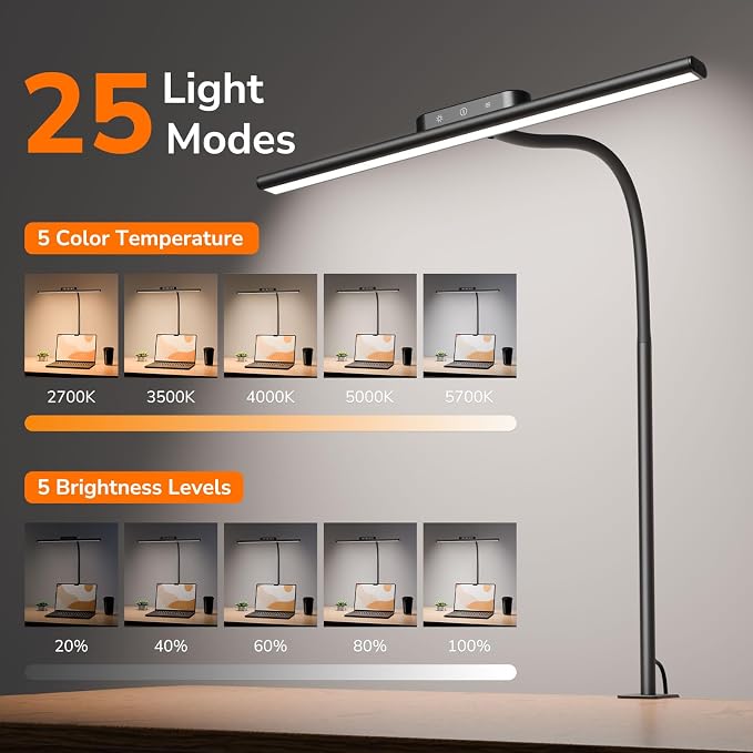 Lepro Led Desk Lamp for Home Office, Desk Light with Clamp, 11W 700LM Black | Clip on Task Light, Eye Caring 25 Lighting Modes, Flexible Gooseneck, Architect Lamp for Monitor, Workbench, Draft, Crafts - Image 2
