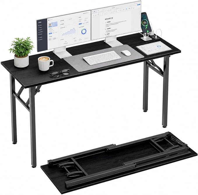 Folding Table Computer Desk - 55.1" No Assembly Folding Desk with Power Outlets & USB Charging Port, Small Desk, Foldable Office Desk, Compact Storage Portable Use for Small Space, Dark Oak by HMFOR