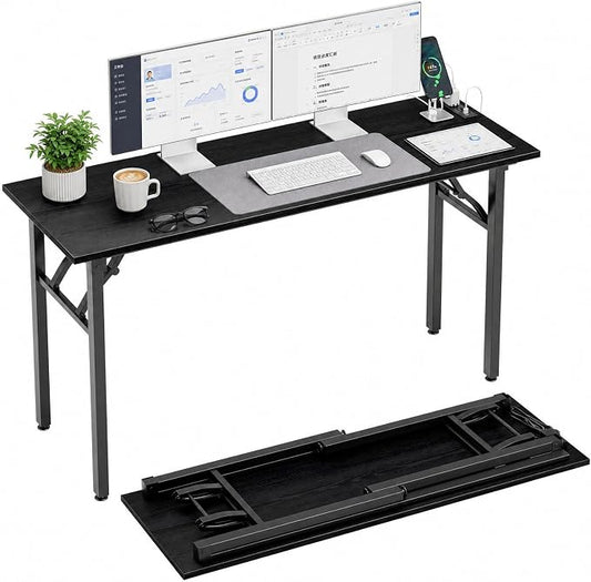 Folding Table Computer Desk - 55.1" No Assembly Folding Desk with Power Outlets & USB Charging Port, Small Desk, Foldable Office Desk, Compact Storage Portable Use for Small Space, Dark Oak by HMFOR