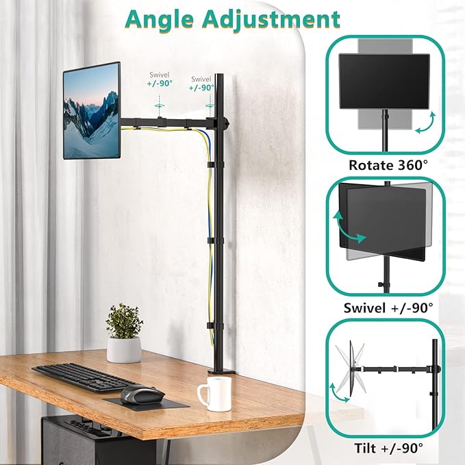 WALI Single Monitor Stand Desk Mount, Tall Monitor Stand Fully Adjustable with 39” Height Pole, Articulating Arm for Computer Screen up to 38 inch, 22lbs (M001XXL), Black - Image 5