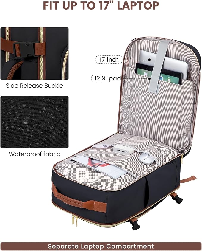 LOVEVOOK 40L Travel Backpack for Women & Men, Airline Approved Carry On Luggage with 3 Packing Cubes, TSA Overnight Bags, Waterproof Personal Item Bag, Weekender Essentials Backpacks fits 17" Laptop - Image 8