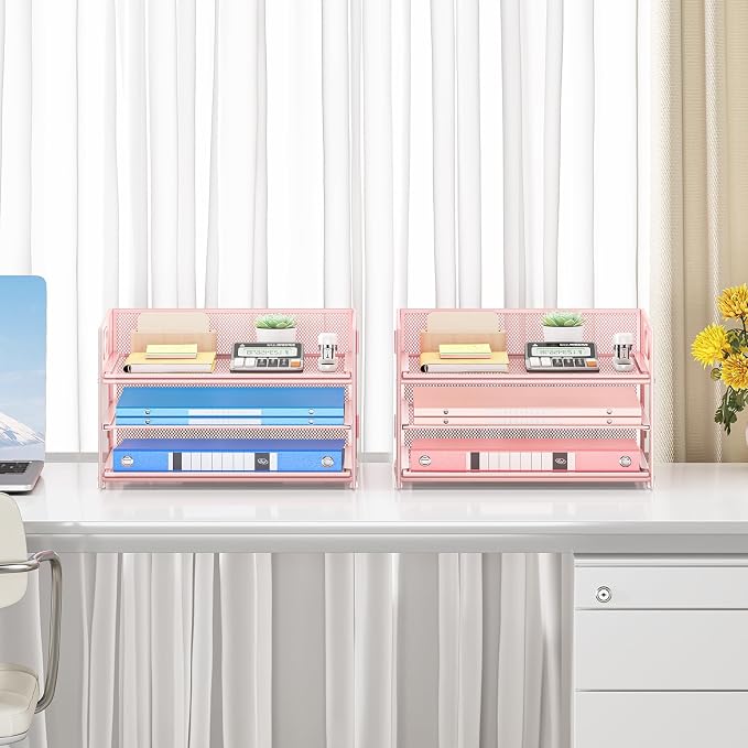 Subekyu 2-Pack 3-Tier Pink Metal Mesh Desk Paper Letter Tray & File Sorter Organizer with Handle + 1 Sliding Tray for Desk, Home, Office, School Supplies, A4 Paper and Accessories Storage - Image 6