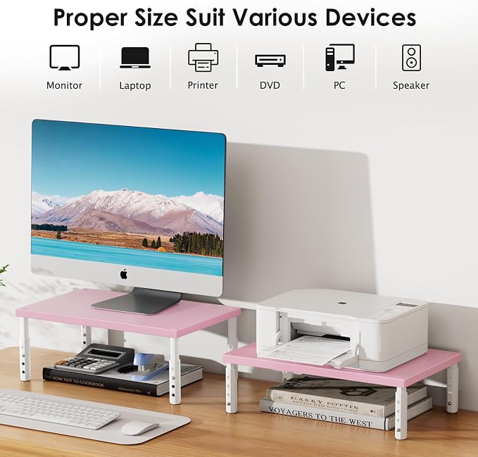 ECOLOVI 4-Height Adjustable Wood Computer Monitor Stand Riser, Desktop PC Printer Laptop Stand for Desk Organizer and Accessories, Office Desk Decor & Accessories for Women, Pink - Image 7