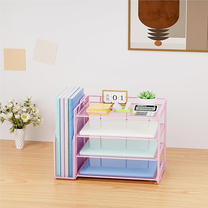 Marbrasse 4-Tier Paper Tray Organizer with File Holder, Pink | Sturdy Paper Tray, Built-in File Holder, fits Letters/Docs, Saves Desk Space, for School/Office/Home - Image 7