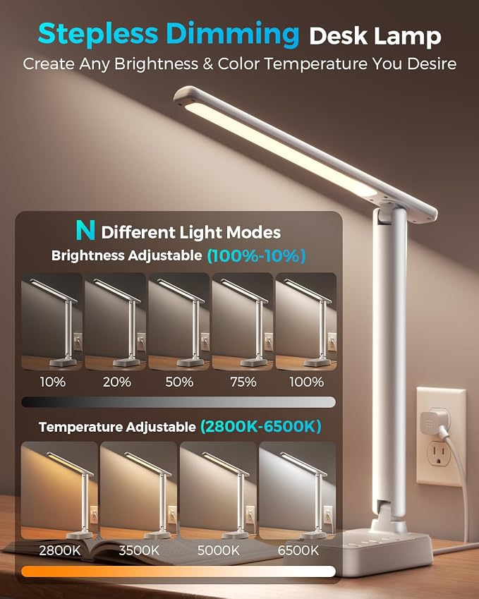 LED Desk Lamp with Power Strip, 3 AC Outlets & 4 USB Ports (2 USB-C), Stepless Dimming&2800K-6500K Eye-Caring Desk Light, Foldable Table Lamp with 5FT Cord for Home Office, Dorm Room Essentials White - Image 3