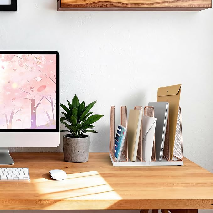 LEKETREE Rose Gold Desk File Organizer, 5-Section Upright File Sorter, Vertical File Folder Holder, Mesh Metal Wood Office Desktop Organization for Document, Magazine, Books and more (Rose Gold) - Image 2