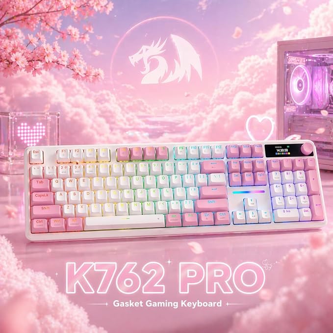 Redragon K762 PRO Wireless 104-Key Gasket Gaming Keyboard, Screen & Knob | Easy-Control LED Info Display, 0-Delay Tri-Mode, Cushioned 5-Layer Noise Dampening for Creamy Thocky Sound, Full-Size 104-Key - Image 9