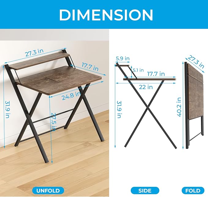 GreenForest Folding Desk No Assembly, Sturdy Computer Desk for Small Spaces | Portable Foldable Table for Laptop, 2-Tier Compact with Shelf, Space Saving for Home Office, Dorm, Apartment, 27"x 22" Brown - Image 3