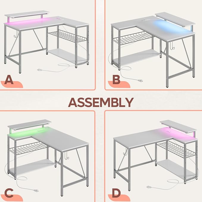 Bestier 42-Inch L-Shaped Computer Desk with Charging & LED, White | Charging 2AC+USB+Type-C, RGB LED 7 Colors/22 Modes, Reversible Storage Shelves, Headphone Hook, Small Space, 42x31.5 in - Image 7