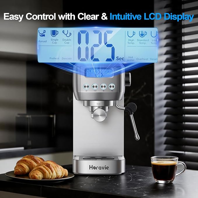 Horavie Ultra Espresso Machine with LCD Display, Espresso Maker with Powerful Milk Frother, Customizable Brewing Temperature, Professional Cappuccino & Latte Machine, Gift for Men & Women - Image 2