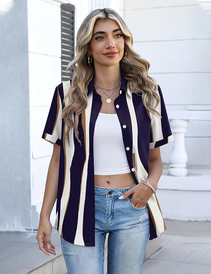 Zeagoo Button Down Shirts for Women Short Sleeve Collared Tops Dressy Casual V Neck Blouses - Image 3