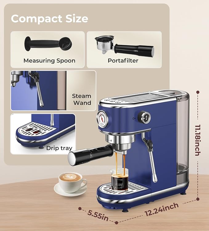 atatix 20 Bar Espresso Machine with Milk Frother, Compact Espresso Maker | Stainless Steel Coffee Machine with Precise Temp Control & 44oz Removable Water Tank for Latte, Cappuccino, Dark Blue - Image 9