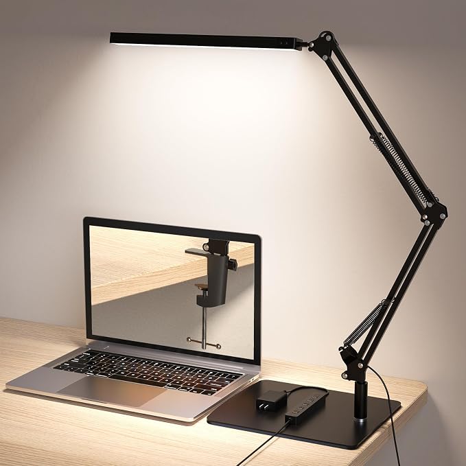 TROPICALTREE LED Desk Lamp for Home Office and Round Base, Clamp-On with 5 Light Modes & Auto Shut Off | 14W Adjustable Brightness 5000K Eye-Caring Lighting for Study/Bedroom/Computer Desk by TROPICALTREE