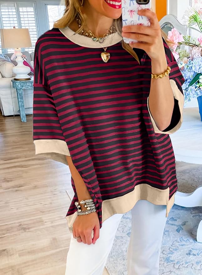 SHEWIN Womens Tops Casual Short Sleeve Sweatshirt Crewneck Striped Shirt Pullover T Shirts Loose Blouses - Image 2