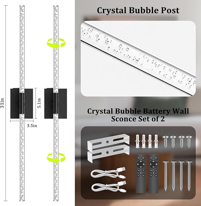 iThird Crystal Bubble Wall Sconces Set of 2: 10000mAh Rechargeable Wireless Lights with Remote & 360° Rotate, 4 Color Temps Dimmable, 31.5" Wall Lamp for Bedroom Living Room Mirror, Black - Image 3