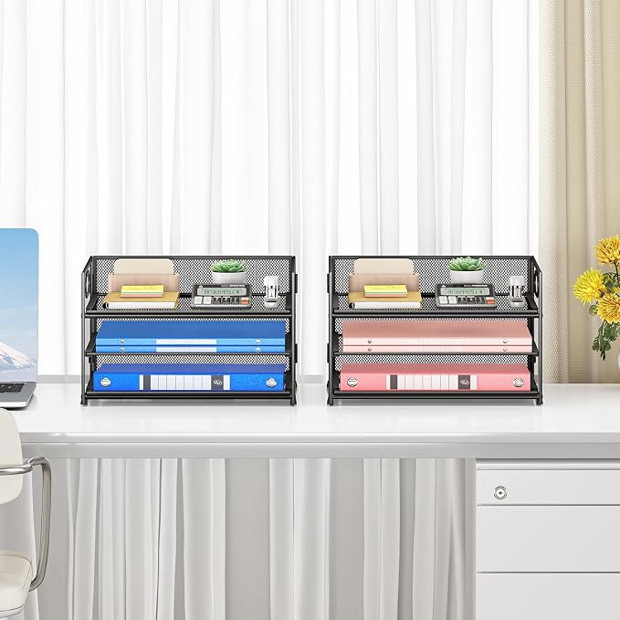 Subekyu 2-Pack 3-Tier Paper Letter Tray Organizer for Desk, Black Metal Mesh File Sorter Organizer with Handle and 1 PC Sliding Tray for Home Office School Desk Supplies Organization Storage - Image 6