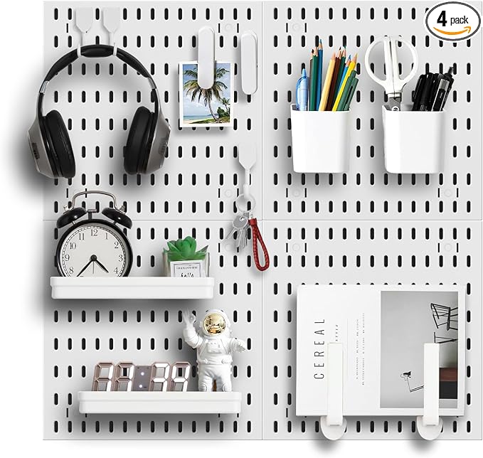 Pegboard Wall Organizer Kit, Modular Storage System, White | 4 Modular 11.8" Pegboards with Hooks & Storage Baskets, Durable ABS/HIPS for Gaming, Office, Craft & Home Organization by Zestify