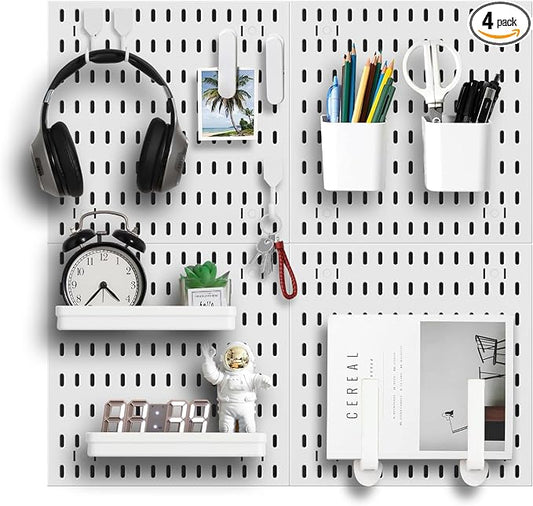 Pegboard Wall Organizer Kit, Modular Storage System, White | 4 Modular 11.8" Pegboards with Hooks & Storage Baskets, Durable ABS/HIPS for Gaming, Office, Craft & Home Organization by Zestify