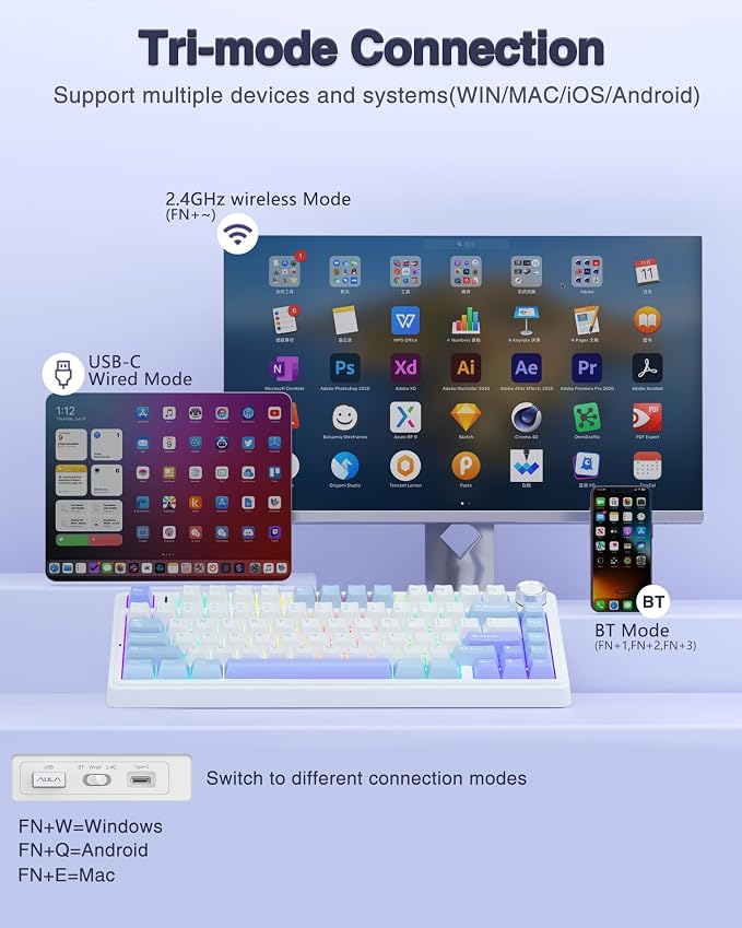 AULA F75 75% Wireless Mechanical Keyboard, Hot Swappable Creamy Keyboard, Pre-lubed Star Vector Switches RGB Backlit Gaming Keyboards, 2.4GHz/Type-C/BT5.0(White&Blue&Purple) - Image 3