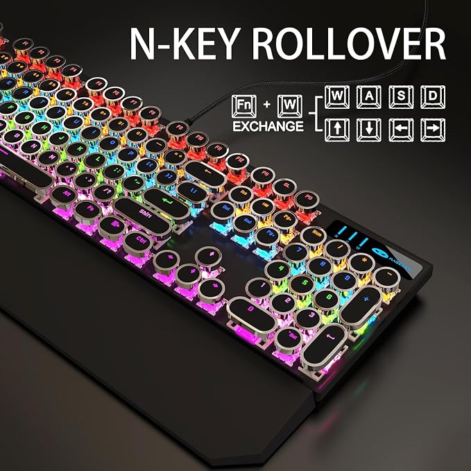 Camiysn Typewriter Style Mechanical Gaming Keyboard, Black Retro Punk Gaming Keyboard with RGB Backlit, 104 Keys Blue Switch Wired Cute Keyboards, Round Keycaps for Windows/Mac/PC - Image 2