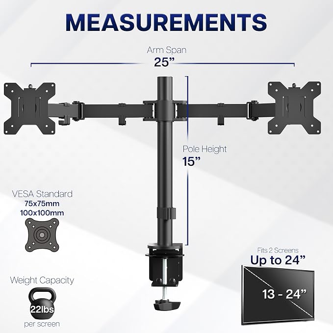 VIVO Dual Monitor Desk Mount, Heavy Duty Fully Adjustable Steel Stand, Holds 2 Computer Screens up to 24 inches and Max 22lbs Each, Black, STAND-V024 - Image 4