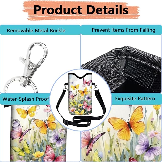 Phone Crossbody Sleeve Butterfly Phone Pouch Wildflowers Neoprene Nylon Waterproof Phone Bag Case with Strap Neck Lanyard Protective Carrying Cover Fits Most Smartphones 7.1 x 3.9 Inch - Image 4