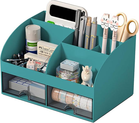COMFYROOM Desk Organizer with 6 Compartments and 2 Drawers, Plastic Makeup Organizer, Pen Holder for Desktop Storage, Desk Organization for School, Home, Office Supplies (Dark Green) by COMFYROOM