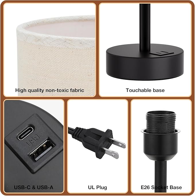 Dicoool Bedside Table Lamp for Bedroom - 3-Way Dimmable Touch Lamp, USB A+C | LED Bulb Included, 14" Small Nightstand Lamp for Desk, Living Room, Guest Room, Beige Fabric Lampshade, Black Metal Base - Image 6
