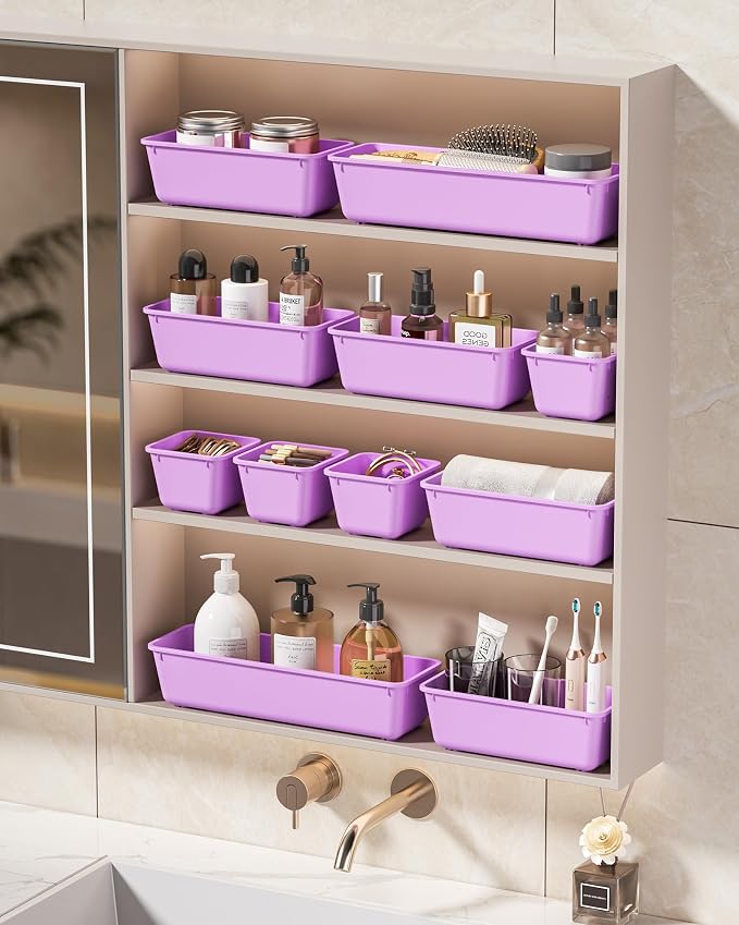 KEMETHY 25 PCS Plastic Drawer Organizers Set, 4 Sizes Vanity Organizer, Makeup and Desk Drawer Organizer Trays, Organization and Storage for Makeup, Bathroom, Kitchen Utensils and Office (Purple) - Image 7