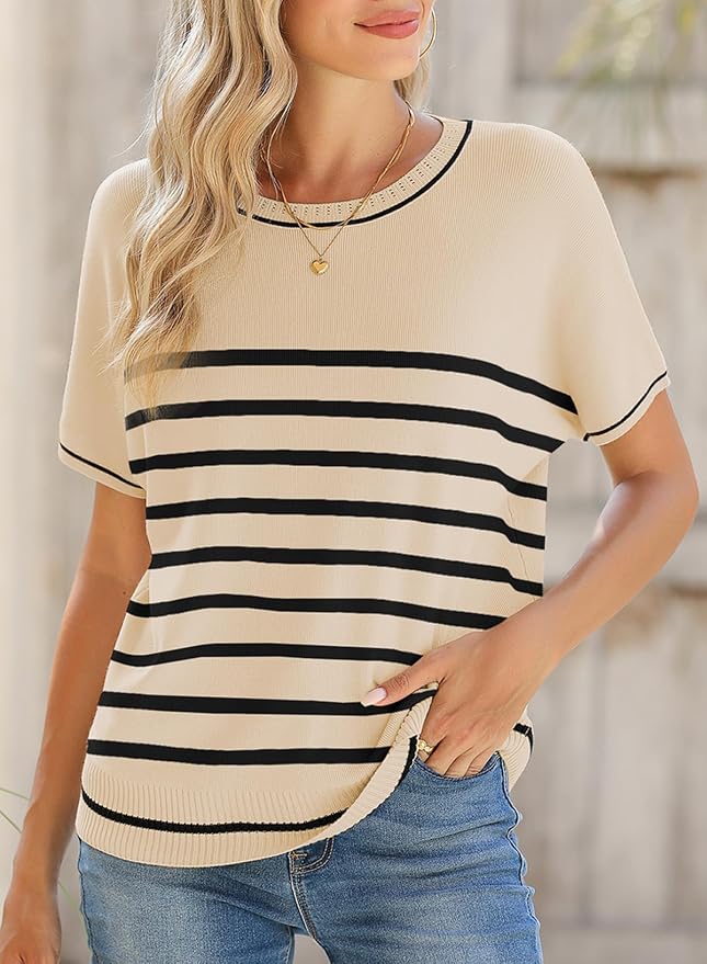 SHEWIN Womens Tops Trendy Short Sleeve Shirts Crewneck Lightweight Knit Sweater Top Business Casual Outfits - Image 2