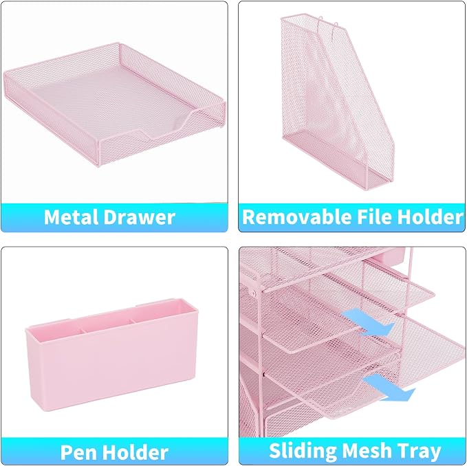 Desk Organizers and Accessories, 5-Tier Paper Letter Tray Organizer with File Holder, Drawer & Pen Holder, Office Desk Accessories, Desktop Organizer for Classroom Office Supplies, Pink - Image 3