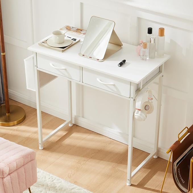 OLIXIS 32 Inch Small Desk, Computer Desk, Home Office | Fabric Drawers, Side Bag, Headphone Hook, Writing Study Work Table, Bedroom, Natural White - Image 2