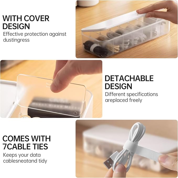PAVSTINE Cable Organizer Storage Box with 7 Wire Ties,Desktop Cable Management Box with Lid,Power Cord Organizer with 7 Compartments for Office,Home,Desk Accessories Storage Stationery Supplies White - Image 4