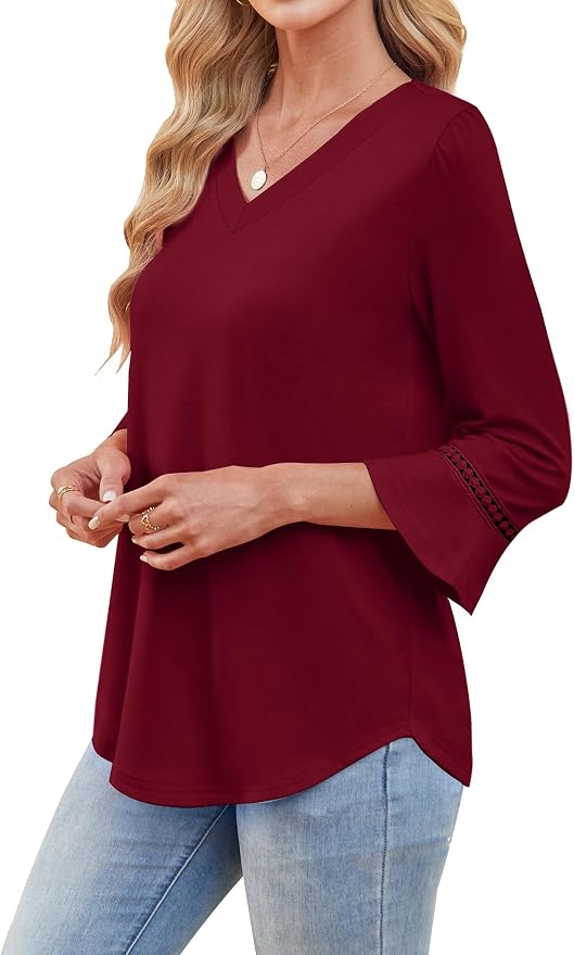 WIHOLL Womens Blouses Dressy Casual 3/4 Length Sleeve Tops Lace Trendy 2026 Spring Summer V Neck Shirts Vacation Outfits - Image 4