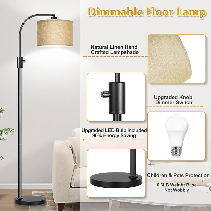 Nintiue Upgraded Modern Arc Dimmable Tall Standing Floor Lamp with Champagne Shade, 1200 Lumens LED Bulb Included, for Living & Reading Room, Bedroom, Office & Nursery, Black - Image 4