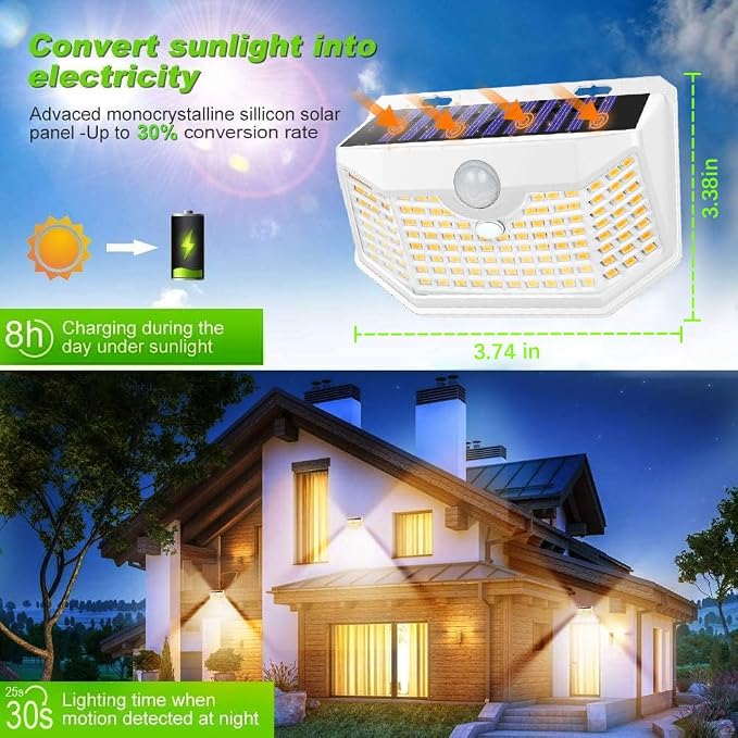 HMCITY 120 LED Solar Lights Outdoor with Motion Sensor and 3 Lighting Modes, IP65 Waterproof Wide Solar Wall Lights Ideal for Garden Patio Yard (Front Button 8Packs, White Shell-Warm White) - Image 2