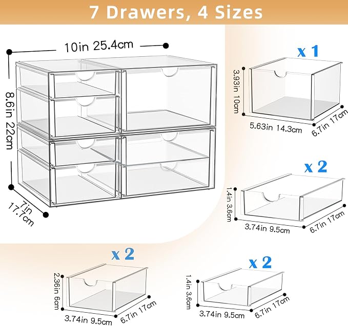 Stackable Storage Drawers, Acrylic Organizers,7 Drawers | Makeup Organizer, Bathroom Organizers and Storage, Plastic Bins for For Vanity, Undersink, Pantry - Image 3