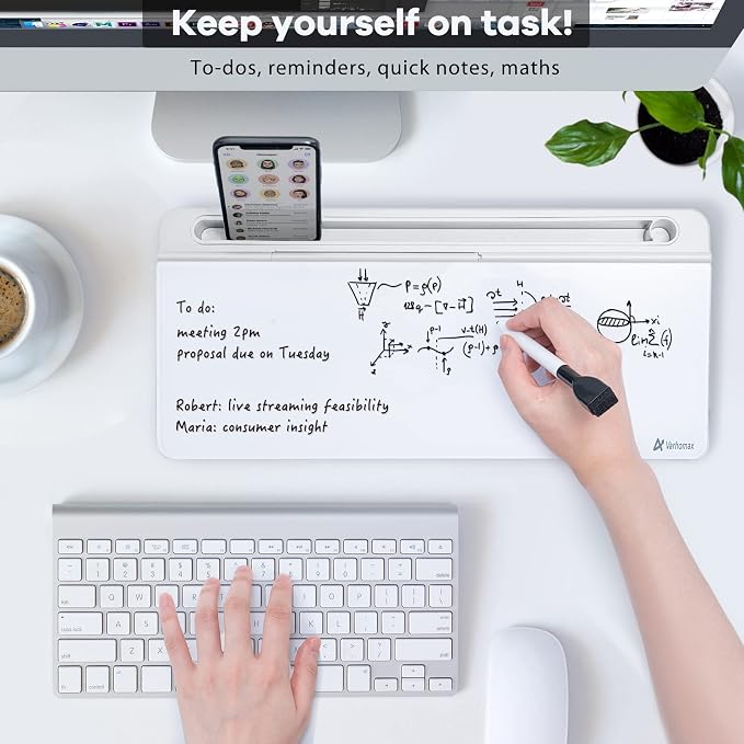 Varhomax Glass Desk Whiteboard with Storage, Desktop Organizer to-do List Memo Notepad Dry Erase White Board for Home Office and School Supplies (White) - Image 2