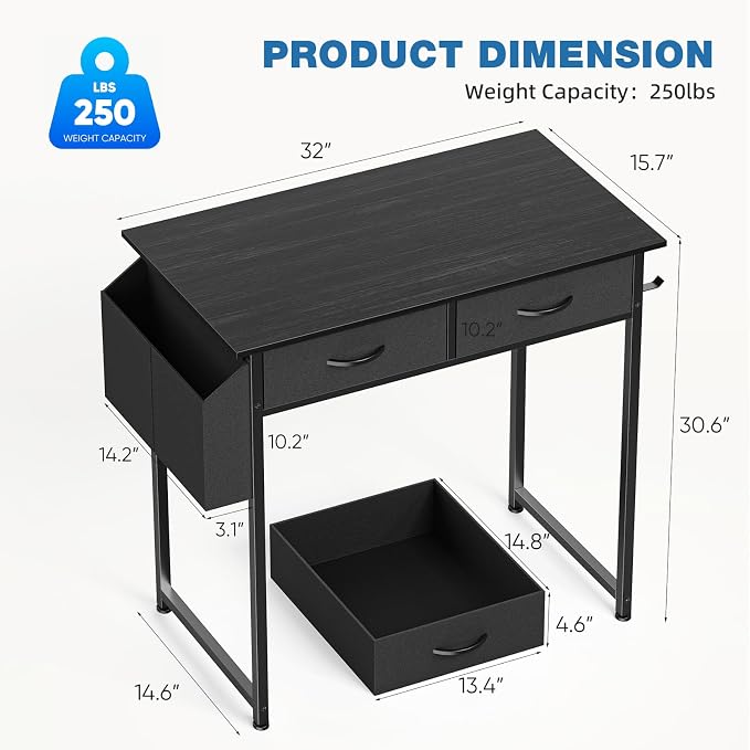 OLIXIS 32 Inch Small Desk, Computer Desk, Home Office | Fabric Drawers, Side Bag, Headphone Hook, Writing Study Work Table, Bedroom, Sleek Black - Image 3