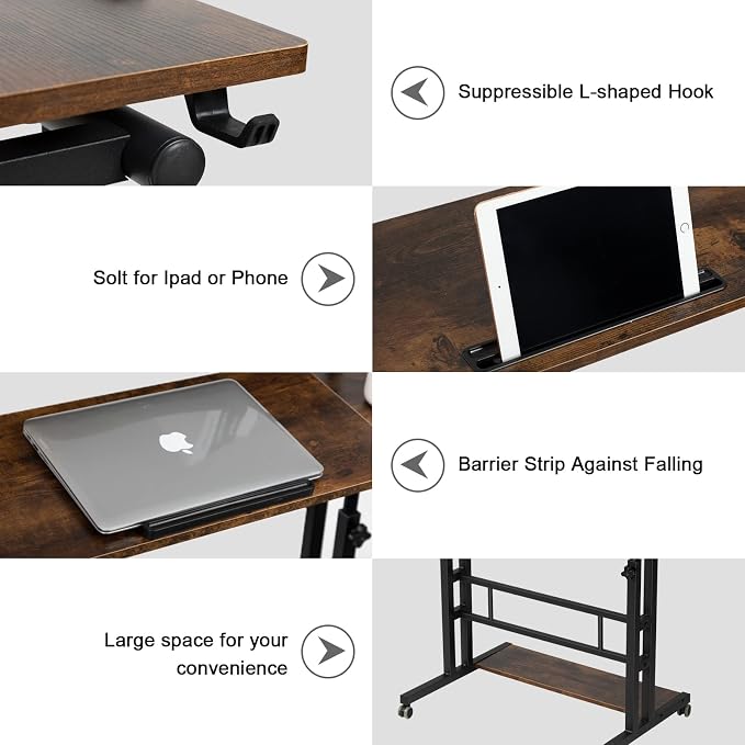 Hadulcet Mobile Standing Desk Adjustable Height, Rolling Desk Stand Up Desk, Mobile Laptop Desk, Rolling Computer Desk with Charging Station, Portable Desk with Wheels, Rustic Brown - Image 8