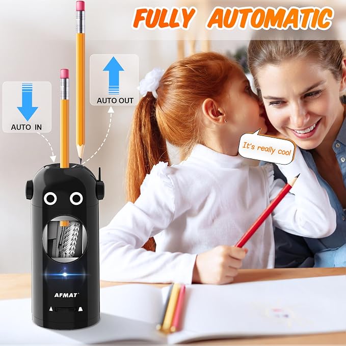 AFMAT Electric Pencil Sharpener for Colored Pencils 7-11.5mm, Fully Automatic Robot Pencil Sharpener, Auto in & Out, Rechargeable Hands-Free for Classroom/Home/Office, Battery Operated, PSX5RB, Black - Image 2
