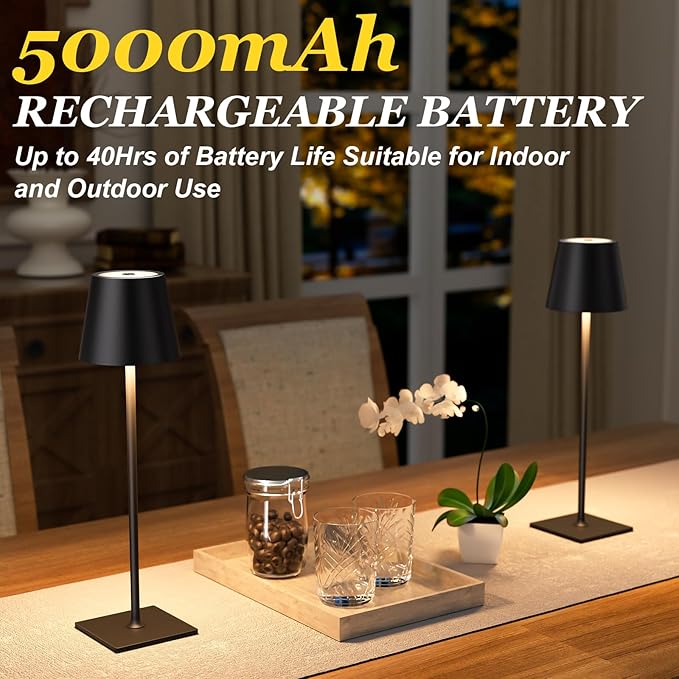 Kakanuo Cordless Rechargeable Table Lamp Black 5000mAh Battery Operated Lamps, 3 Colors Stepless Dimming Touch Lamp for Dining, Living Room, Outdoor Patio, Kitchen Counter, 4 Pack - Image 3