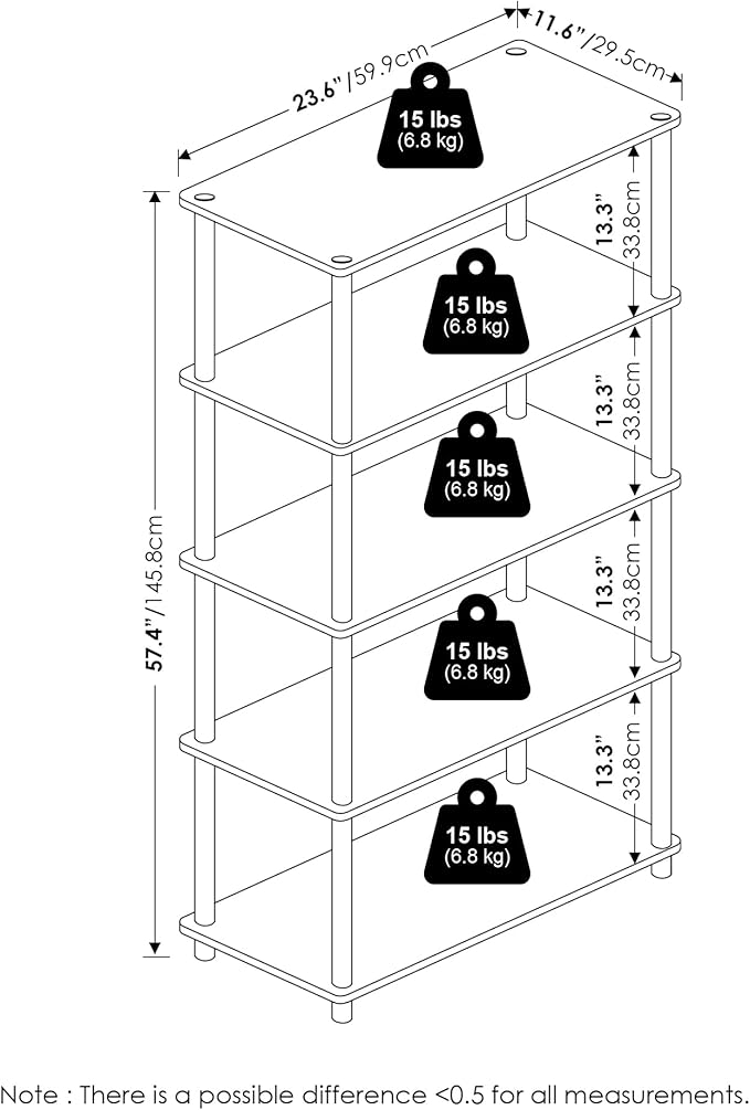 Furinno TURN-N-TUBE Storage Shelves, 5-Tier Book Shelf, Corner Shelf, Toolless Open Shelves, for Organization and Storage, Living Room, Garage, Home Office, Walnut - Image 3