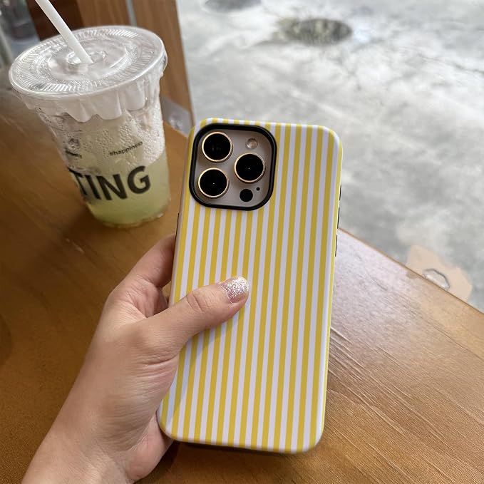 for iPhone 15 Pro Max Case Striped Cute Aesthetics Phone Case Trendy Protective Shockproof Cover for iPhone 15 Pro Max Yellow White - Image 4