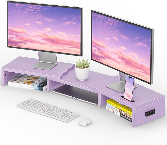 BONTEC Dual Monitor Stand Riser with Smartphone Holder, Adjustable Length & Swivel Angle, Ergonomic Wooden Desktop Organizer for PC Monitor, Laptop, Printer, Large Storage, 42.5 in, Purple by BONTEC