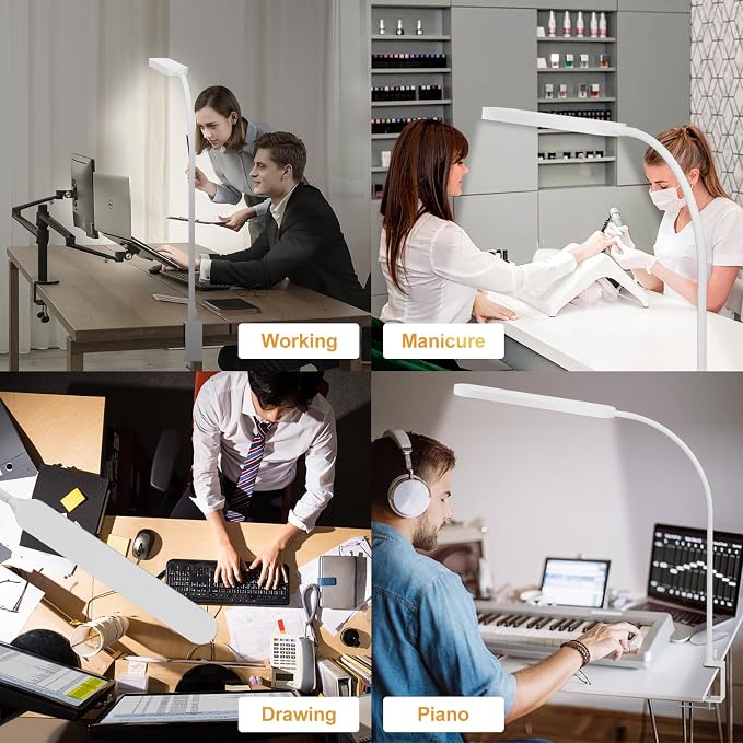 SKYLEO Led Desk Lamp - 33.5" Desk Light - Flexible Gooseneck - 5 Color Modes X 11 Brightness Levels - 1300LM - Timmer & Memory Function - 12W Clip on Light - White - Image 6