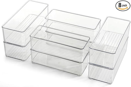Hudgan 8 Pack Clear Plastic Drawer Organizers Set, Stackable Deep Drawer Organizer for Makeup Vanity and Desk, 2 Sizes Tall Bathroom Drawer Organizer by HUDGAN