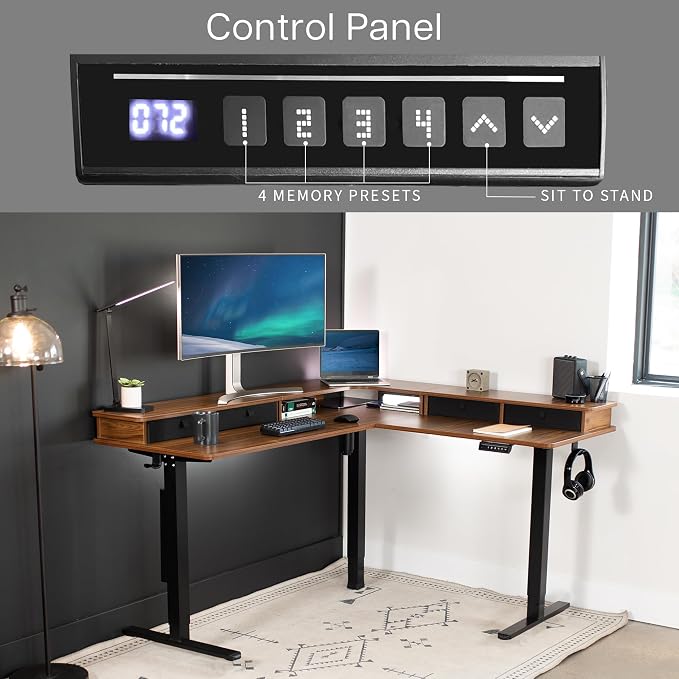 VIVO Dark Walnut 63 x 55 in Corner Standing Desk, DESK-E3CVD | Electric, 2-Tier, L-Shaped, Sit Stand, Height Adjustable, Memory, Dark Walnut Top, Black Frame, Black Drawers - Image 5