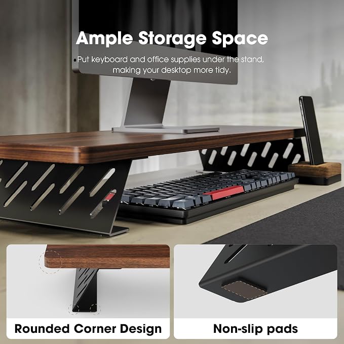 Fenge Monitor Stand Riser, 31.5 Inch Desk Top Shelf for 2 Monitors, Computer Stands for Desk, Wood & Steel Desktop Riser for Laptop, PC, Printer - Image 6