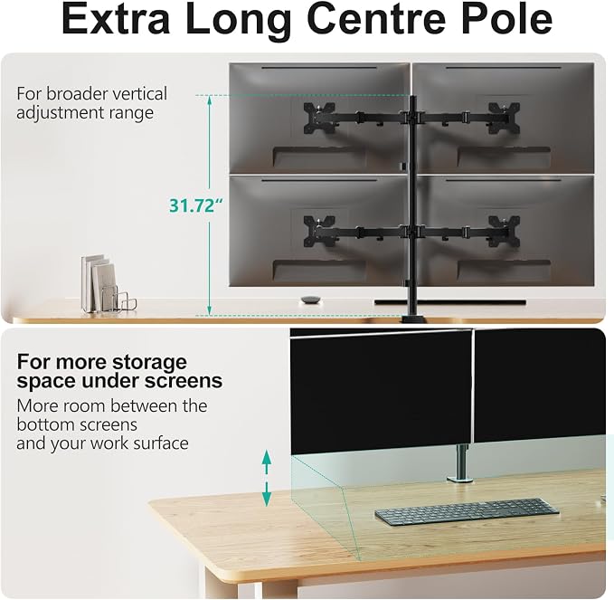 WALI Quad Monitor Desk Mount, 4 Monitor Stand Fits Heavy Duty Computer Screen up to 27 inch, Full Adjustable Arm Holds up to 22 lbs per Arm (M004), Black - Image 5